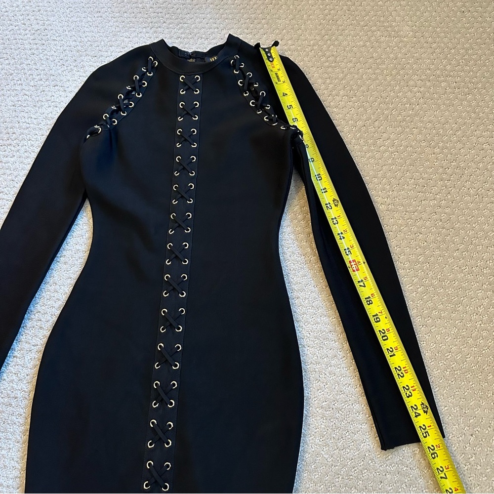Hera Collection Black Lace Up Bodycon Mini Dress Gold Grommet Long Sleeve | S - Picture 9 of 9